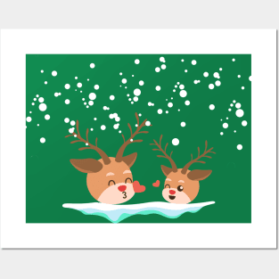 Christmas Reindeer and falling snow Posters and Art